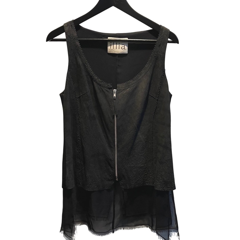 Illia Black Leather Silk Overlay Zip‎ Front Vest Women's Size 10